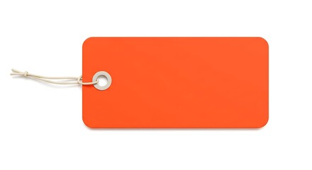 A neon orange rounded rectangular tag with hole and plastic string, isolated on a white background
