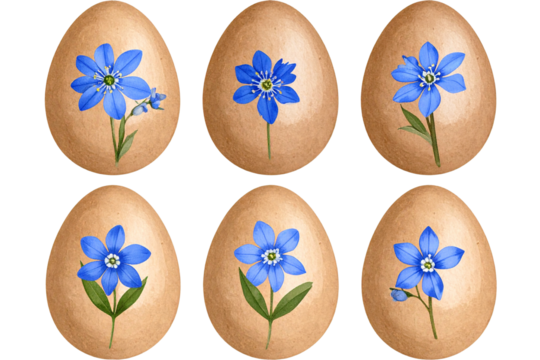 6 Vintage illustration of an Easter egg with a blue flower, PNG clipart with a transparent background - Powered by Adobe