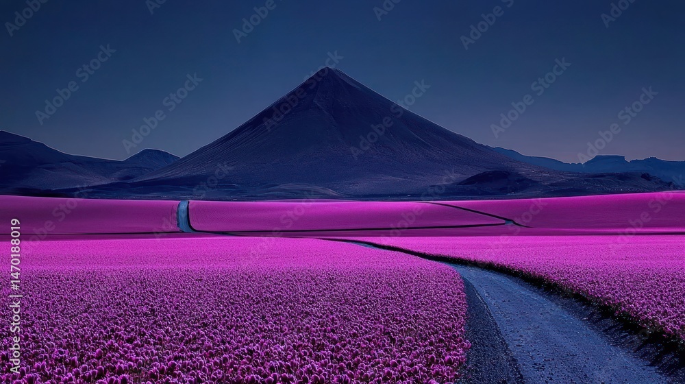 Aufkleber a magenta field stretches towards distant mountains under the twilight sky