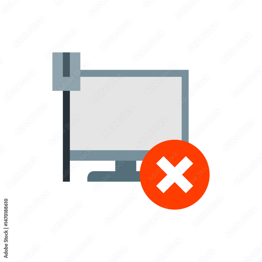 Poster illustration of a computer monitor with a red circle and a white x symbol indicating an error messag