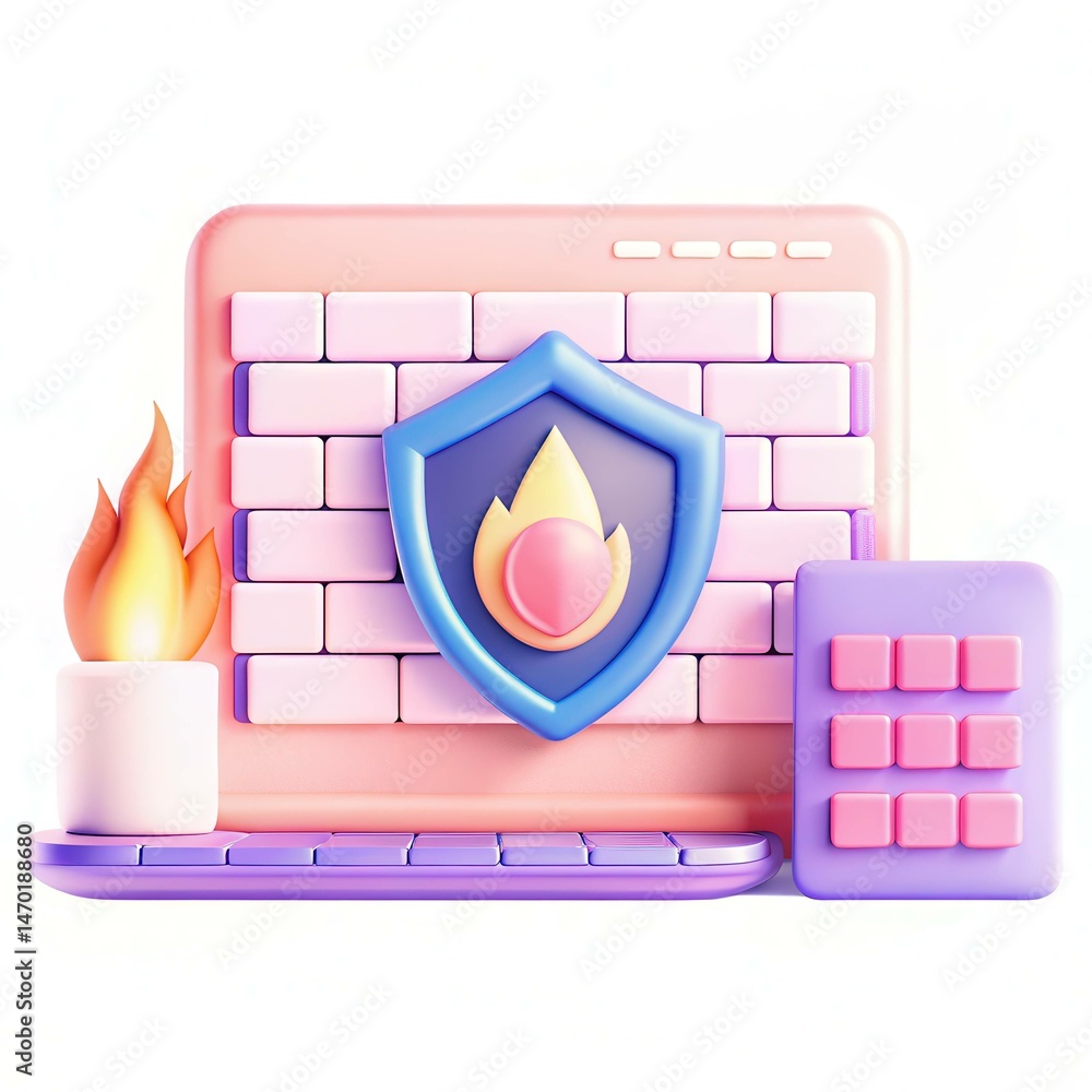 Poster a colorful 3d illustration of a computer setup featuring a shield, flame, and keyboard, representing