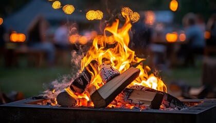 A close-up of the flames in an outdoor campfire, with scattered wood and embers around it. The fire is a warm orange-brown against a cool black background. In blurred focus behind, there is a wooden 