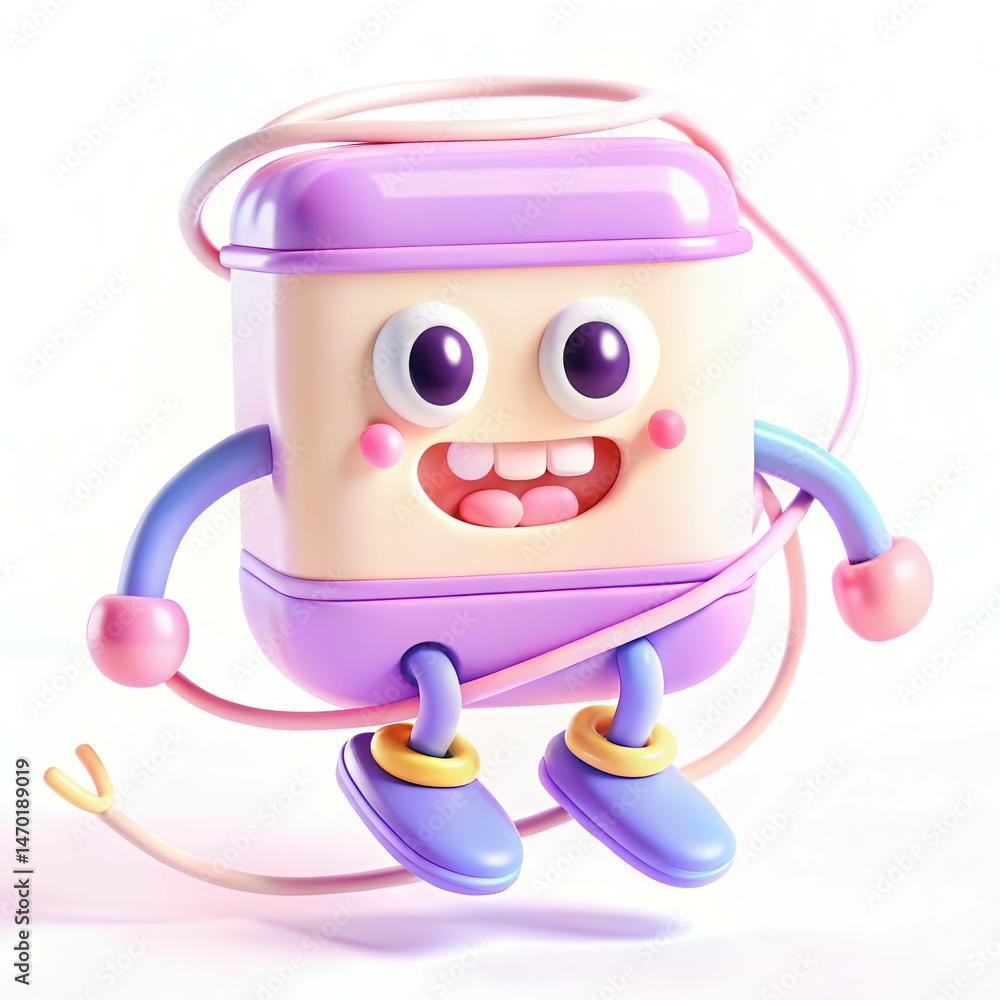 Poster a colorful cartoon character resembling a box with arms and legs, smiling joyfully while being conne