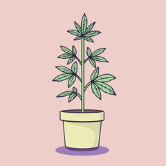 Potted Cannabis Plant Illustration On A Soft Pink Background Simple Cartoon Style