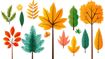 Obraz premium Colorful Autumn Leaves and Trees in Various Shapes and Sizes for Creative Projects and Backgrounds