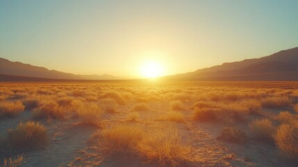 Golden sunset over a vast desert landscape.  A serene, warm light bathes the dry, grassy plains, stretching towards distant mountains