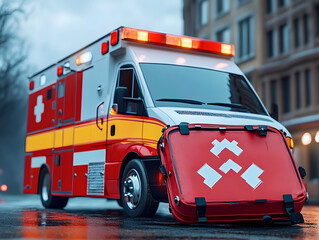 Fototapeta premium Emergency response action city street medical equipment urban close-up first aid