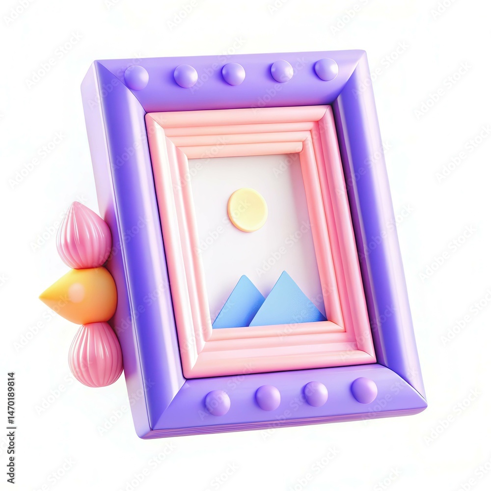 Poster a colorful modern frame with abstract mountain and sun design, showcasing a playful texture and patt