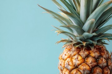 Pineapple with Green Leaves on Light Blue Background