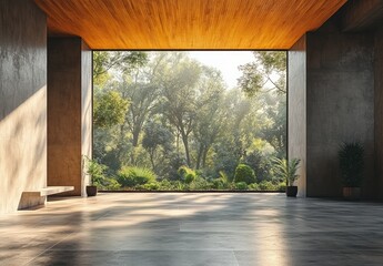 Fototapeta premium Modern, spacious interior with a large window overlooking a lush forest