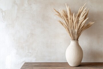 Rustic dried pampas grass in ceramic vase on wooden table