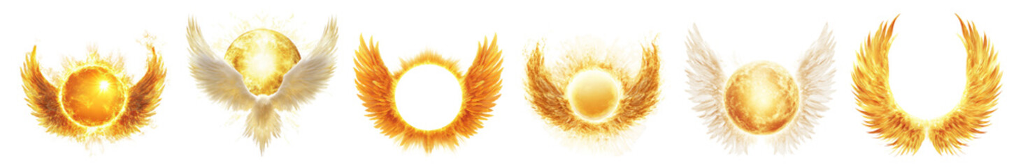 Naklejka premium Radiant Sunburst Designs with Wings and Circular Elements Isolated Transparent Background