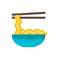 Illustration of a bowl filled with noodles and chopsticks holding some up above the bowl, ready to eat