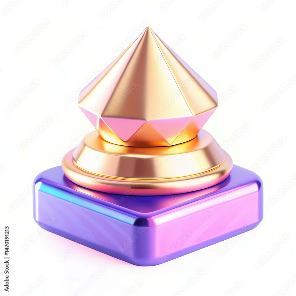 Poster a three-dimensional geometric shape with a vibrant gradient design, featuring a cone atop a square b