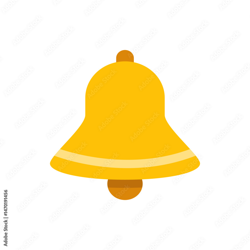 Poster illustration of a golden bell with a clapper and a top loop on a white background in a simple style