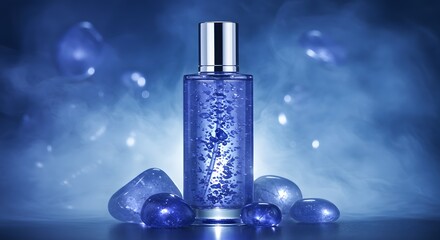 Tanzanite-infused toner bottle with deep blue-violet hue and glowing gemstone particles