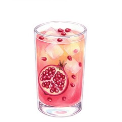 Pink Pomegranate Ice Drink Watercolor Illustration