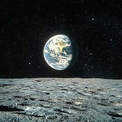Earth seen from the lunar surface under a starlit sky.