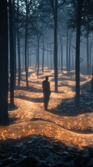 Silhouette in glowing, wavy forest path.