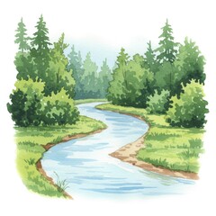 Obraz premium Serene Watercolor Illustration of a River Winding Through a Lush Green Forest