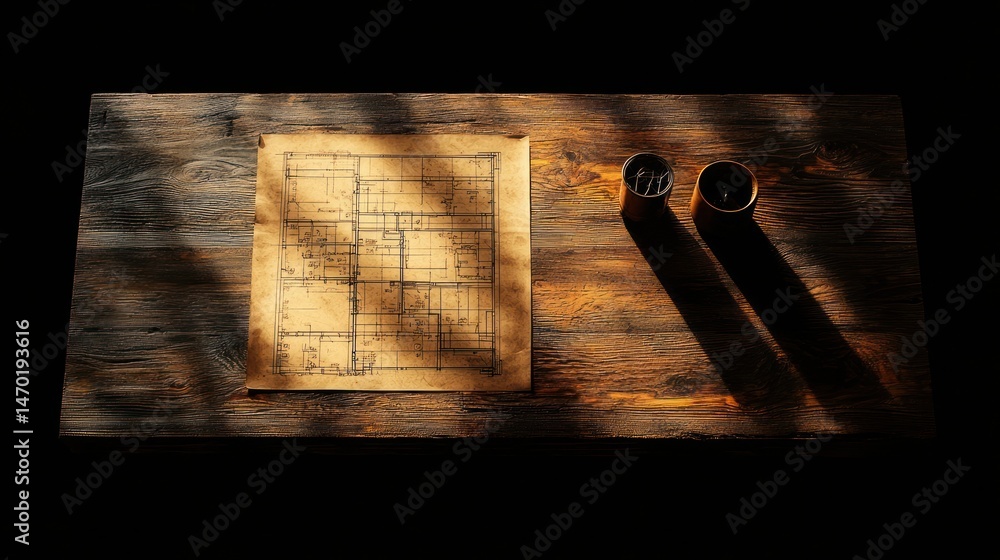 Poster an old architectural blueprint rests on a wooden surface with shadows