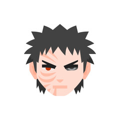 Illustration of a stylized anime character head with red eye and facial markings and spiky hair