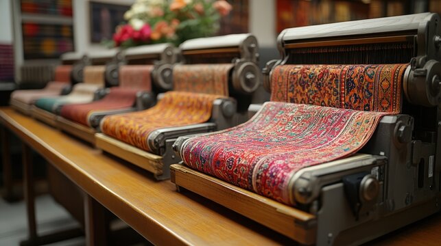 Traditional textile printing machines showcasing intricate patterns and vibrant colors