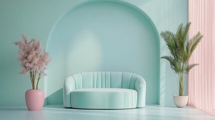 Pastel room with sofa, plants, and sunlight.