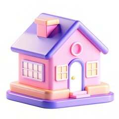 A colorful toy house with a pink and purple design, featuring stylized windows and a door.