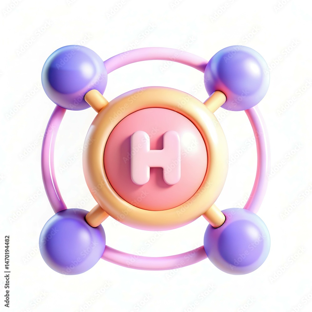 Poster a 3d visualization of a hydrogen atom with colorful spheres representing protons and electrons.