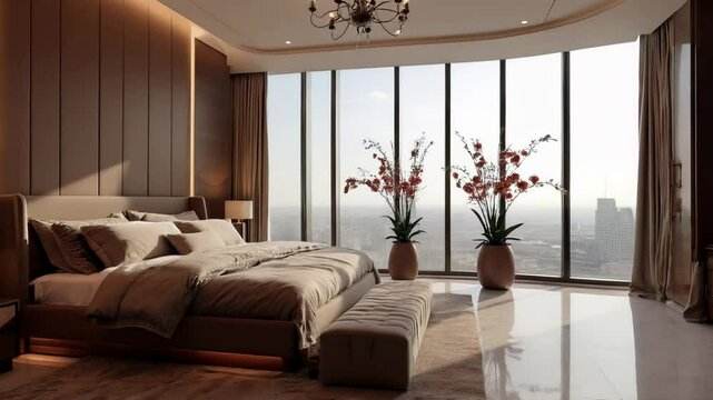 Brown bedroom interior in modern style with panoramic windows overlooking the city. Luxury apartment design with chandelier and home decor for relaxing.