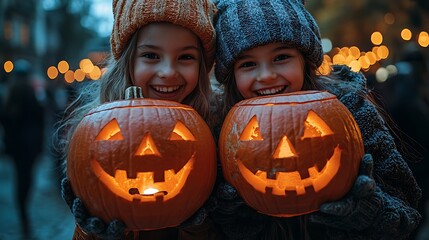 Fototapeta premium Two happy girls holding carved jack-o'-lanterns.