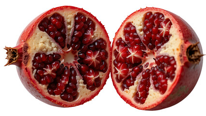 Fresh pomegranate cut in half showing juicy seeds healthy eating antioxidant rich ruby red fruit delicious treat on transparent background
