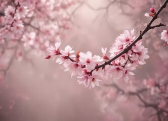 Obraz premium Soft pink sakura petals descend against a dreamy, out-of-focus cherry blossom backdrop , bokeh, beautiful image, japanese