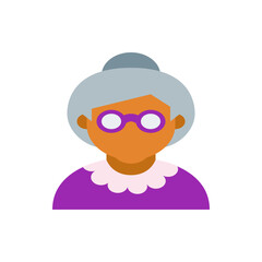 Illustration of an elderly woman with gray hair wearing purple glasses and a purple dress with a collar