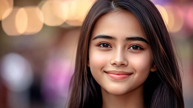pretty Asian young woman smiling at night city street with bokeh festive light, happy cheerful optimistic 