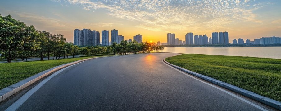 Sunset cityscape view from a curving road by a lake