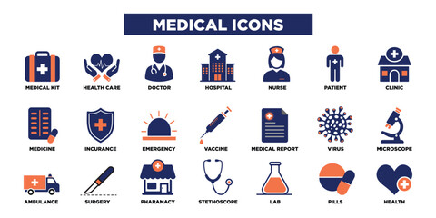 Fototapeta premium Medical icon set. Containing doctor, medicine, hospital, treatment, healthcare, nurse, pills, clinic and more. vector icons collection