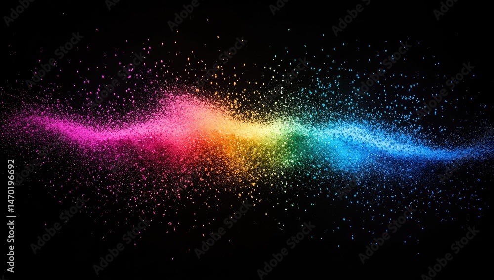Poster rainbow colored particles flowing on black background. tiny colorful dots creating a dynamic abstrac