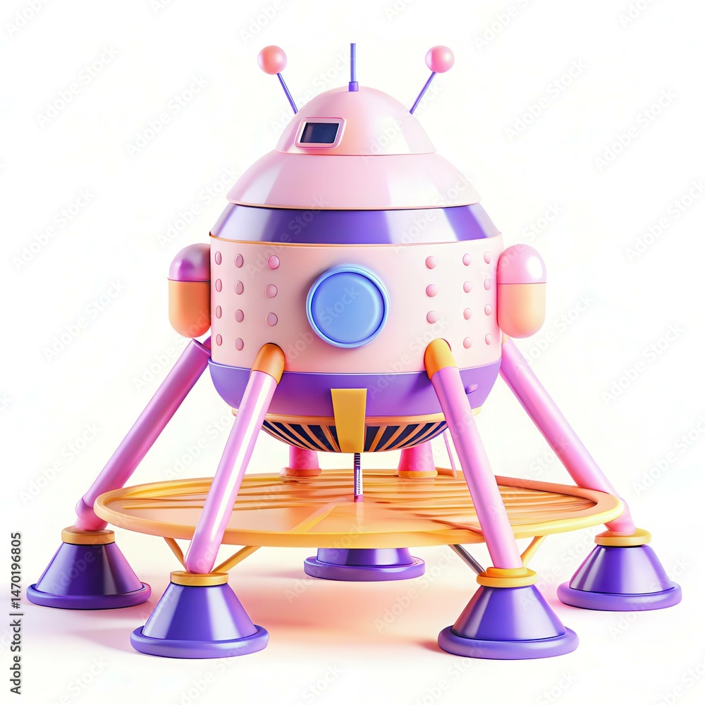 Poster a colorful futuristic spacecraft design with a whimsical shape and modern features against a bright 