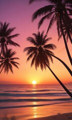 Palm trees silhouette against vibrant sunset, sandy beach, film scratches,  evening,  visual