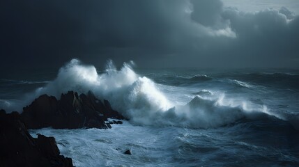 Naklejka premium A dramatic and intense stormy sea with powerful waves crashing against jagged rocks under a dark ominous sky creating a scene of raw natural power