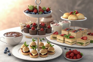 Elegant Tiered Dessert Stand with Gourmet Appetizers and Treats