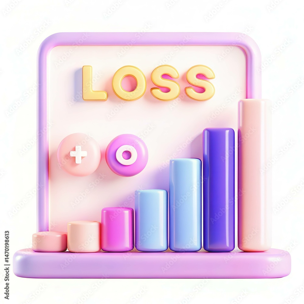 Poster a colorful 3d bar chart displaying a loss with vibrant pastel colors and modern design elements.
