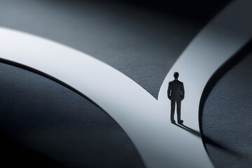 A solitary figure stands at a monumental fork in the road symbolizing life's critical decisions and uncertain pathways ahead in a minimalist artistic representation