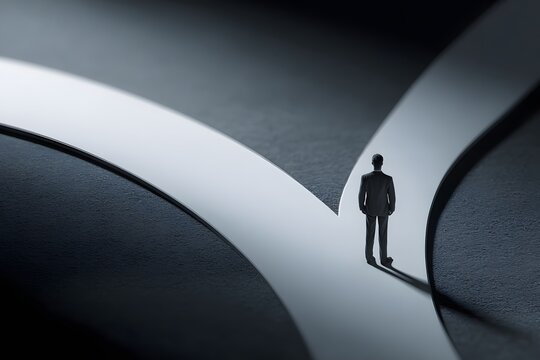 A solitary figure stands at a monumental fork in the road symbolizing life's critical decisions and uncertain pathways ahead in a minimalist artistic representation