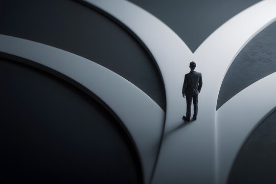A solitary figure in a suit stands at a crossroads of two diverging paths symbolizing the concept of decision-making and life choices in an abstract minimalist setting