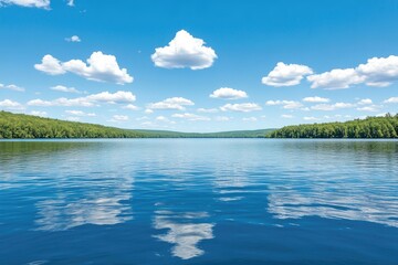 Serene lake with puffy clouds