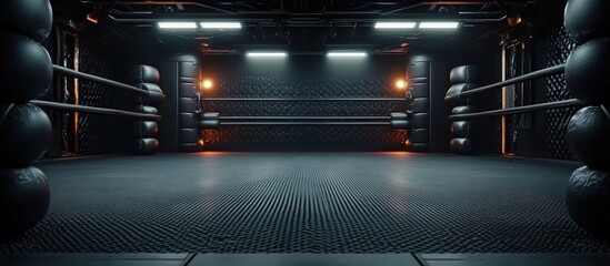 An empty futuristic boxing ring with black carbon-fiber floor, surrounding ropes, tire-stacked walls with red LED strips, and white ceiling light strips in a dark atmospheric setting.