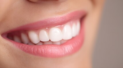 Obraz premium A close-up view of a person's mouth showcasing perfectly white teeth with a bright smile and healthy pink lips